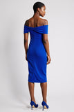 Robe de travail mi-longue moulante froncée bleu roi à épaules dénudées avec fente