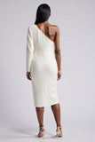 Robe de travail blanche 3D fleur fourreau genou avec manches longues
