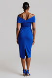 Robe de travail moulante bleu royal à épaules dénudées avec appliques