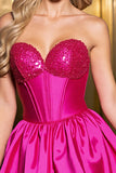 Sparkly A Line Corset Satin Fuchsia Robe de Retrouvailles