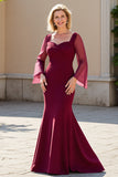 Robe mère de la mariée en mousseline de soie de soie bordeaux à manches longues