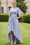 Gris bleu mousseline de soie appliqué haut bas mère de la mariée robe à manches courtes
