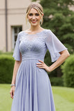 Gris bleu mousseline de soie appliqué haut bas mère de la mariée robe à manches courtes