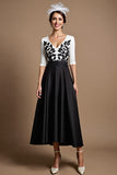 Noir et blanc Une ligne Satin Midi Robe Mère de la Mariée avec Appliques