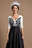 Noir et blanc Une ligne Satin Midi Robe Mère de la Mariée avec Appliques