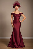 Robe Mère De La Mariée Satin Sirène Bourgogne Épaule Dénudée