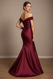 Robe Mère De La Mariée Satin Sirène Bourgogne Épaule Dénudée