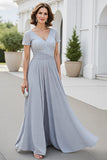 Robe Mère De La Mariée Col En V Argenté Scintillant Une Ligne