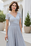 Robe Mère De La Mariée Col En V Argenté Scintillant Une Ligne