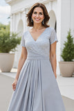 Robe Mère De La Mariée Col En V Argenté Scintillant Une Ligne