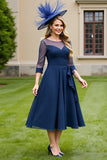 Bleu marine une ligne midi mère de la mariée robe