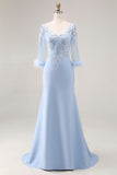 Robe de la mère de la mariée sirène à col V bleu ciel avec manches