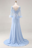 Robe de la mère de la mariée sirène à col V bleu ciel avec manches