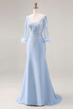 Robe de la mère de la mariée sirène à col V bleu ciel avec manches