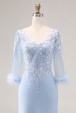 Robe de la mère de la mariée sirène à col V bleu ciel avec manches