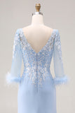 Robe de la mère de la mariée sirène à col V bleu ciel avec manches