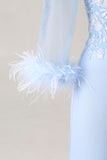 Robe de la mère de la mariée sirène à col V bleu ciel avec manches