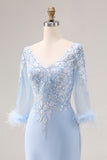 Robe de la mère de la mariée sirène à col V bleu ciel avec manches