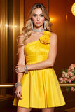 Une épaule 3D fleur jaune une ligne froncée robe de bal
