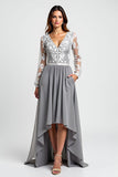 Robe Asymétrique Mère De La Mariée Argentée À Manches Longues Avec Appliques