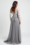 Robe Asymétrique Mère De La Mariée Argentée À Manches Longues Avec Appliques