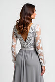Robe Asymétrique Mère De La Mariée Argentée À Manches Longues Avec Appliques