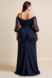 Épaule dénudée Marine Ruché Grande Taille Mère De La Mariée Robe Avec Fente