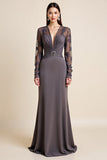 Robe Mère De La Mariée Perlée Gris Acier Manches Longues
