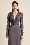 Robe Mère De La Mariée Perlée Gris Acier Manches Longues