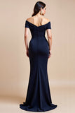 Épaule Dénudée Bleu Marine Fourreau Robe De La Mère De La Mariée Avec Fente