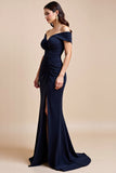 Épaule Dénudée Bleu Marine Fourreau Robe De La Mère De La Mariée Avec Fente