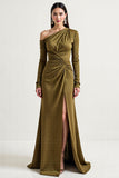 Robe à manches longues olive une épaule mère de la mariée avec fente