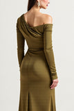 Robe à manches longues olive une épaule mère de la mariée avec fente