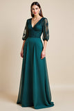 Bleu Une Ligne Col V Longue Mère De La Mariée Robe Avec Appliques
