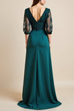 Bleu Une Ligne Col V Longue Mère De La Mariée Robe Avec Appliques