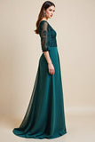 Bleu Une Ligne Col V Longue Mère De La Mariée Robe Avec Appliques