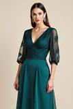 Bleu Une Ligne Col V Longue Mère De La Mariée Robe Avec Appliques