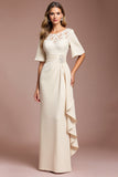 Abricot dentelle froncé fourreau demi-manches mère de la mariée robe avec ceinture