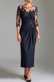 Robe brillante de satin de satin bleu marine longueur mère de la mariée avec appliques