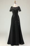 Robe longue mère de la mariée appliquée en satin noir avec manches