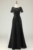 Robe longue mère de la mariée en satin fourreau noir avec appliques