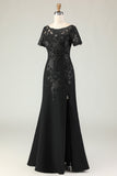 Robe longue mère de la mariée appliquée en satin noir avec manches