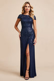Robe longue mère de la mariée en satin sirène marine avec fente