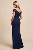 Robe longue mère de la mariée en satin sirène marine avec fente