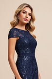 Robe longue mère de la mariée en satin sirène marine avec fente