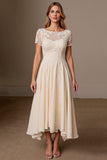 Abricot Une Ligne Manches Courtes Longueur Thé Mère de la Mariée Robe avec Appliques