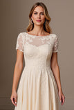 Abricot Une Ligne Manches Courtes Longueur Thé Mère de la Mariée Robe avec Appliques
