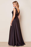 Robe longue de mère de la mariée à volants en satin noir avec dentelle