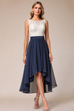 Mousseline de soie High-Low A Line Dentelle Marine Robe d’invité de mariage