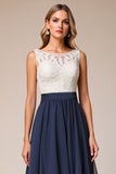 Mousseline de soie High-Low A Line Dentelle Marine Robe d’invité de mariage